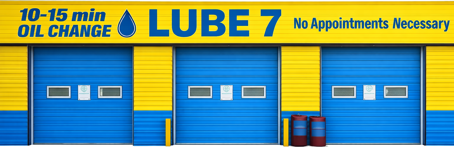 Lube 7 storefront with blue and yellow branding and no appointments necessary